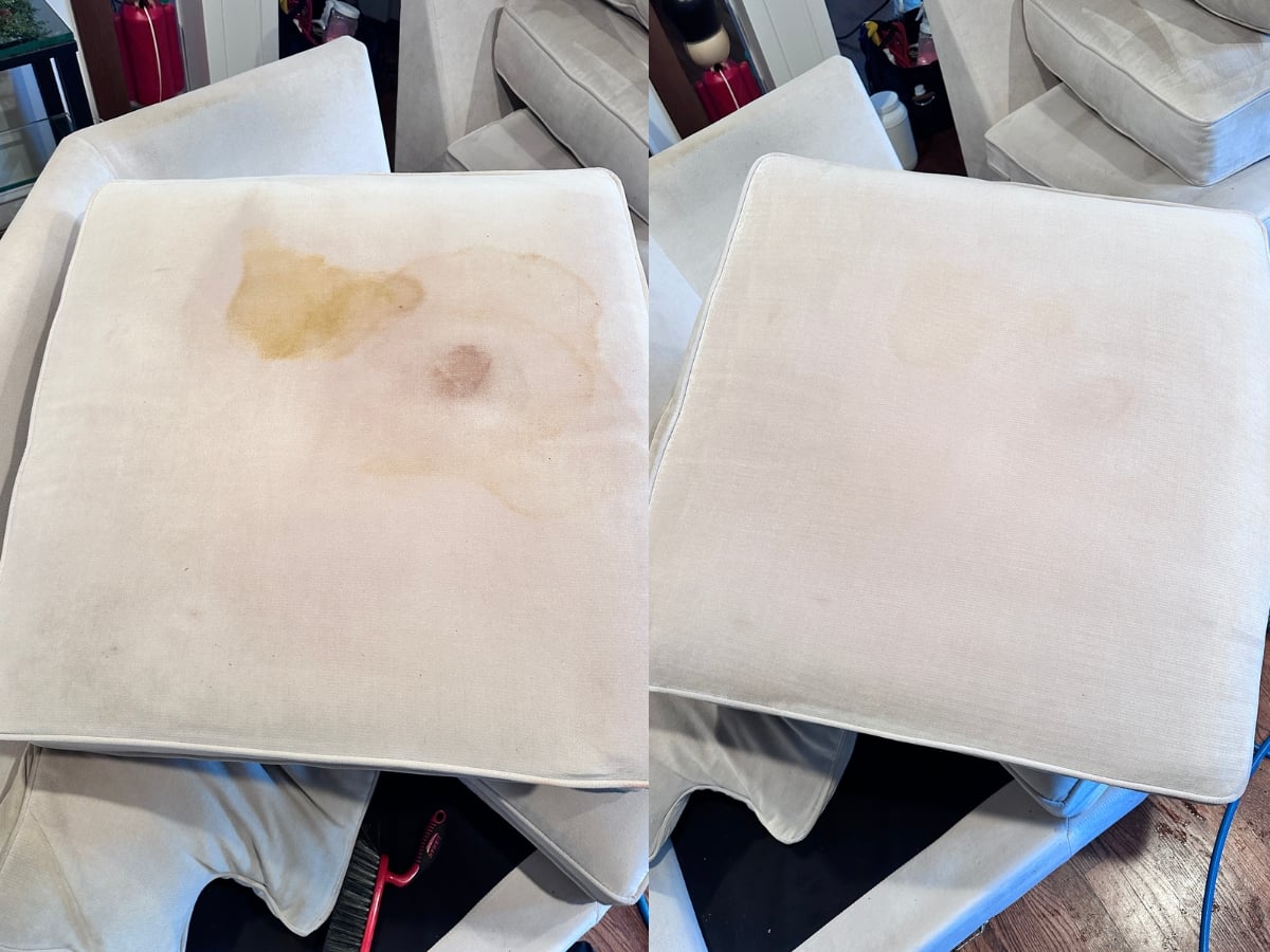 Aclean Steamers technician performing professional stain and odor removal in a Raleigh, NC home