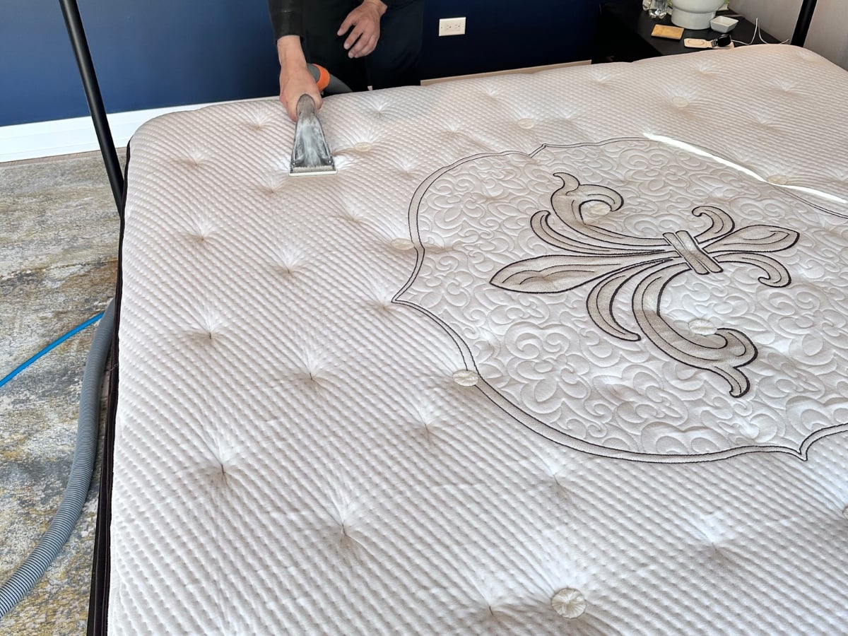 Mattress cleaning in a Charlotte, NC home, queen mattress deep-cleaned and sanitized