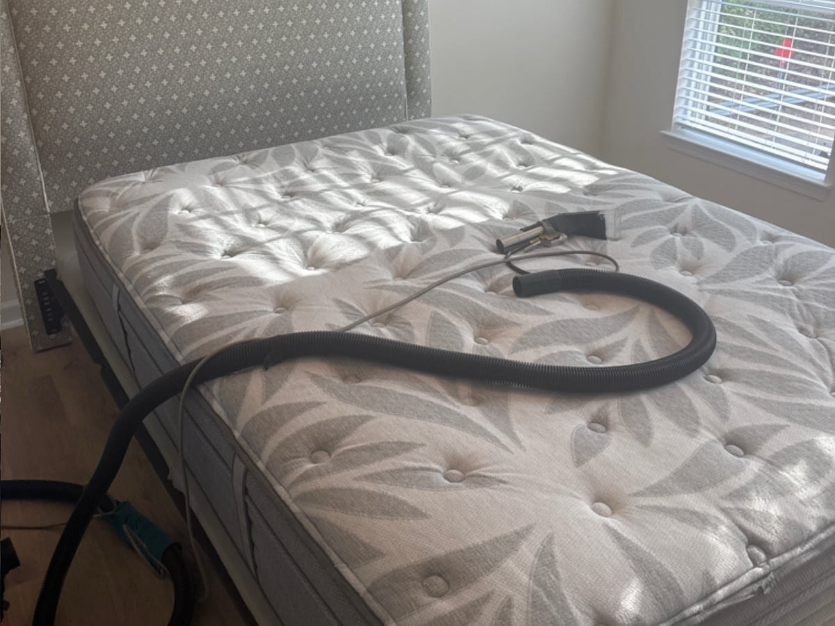 Mattress cleaning in a Charlotte, NC home, pillow-top mattress restored