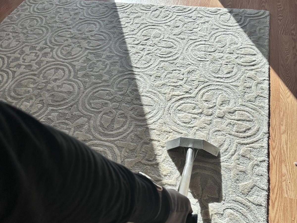 Rug cleaning in a Charlotte, NC home, shag rug refreshed and groomed